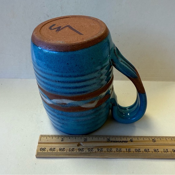 Handcrafted Hand Thrown Blue Brown and White Ceramic Redware Coffee Cup Mug - Picture 9 of 10